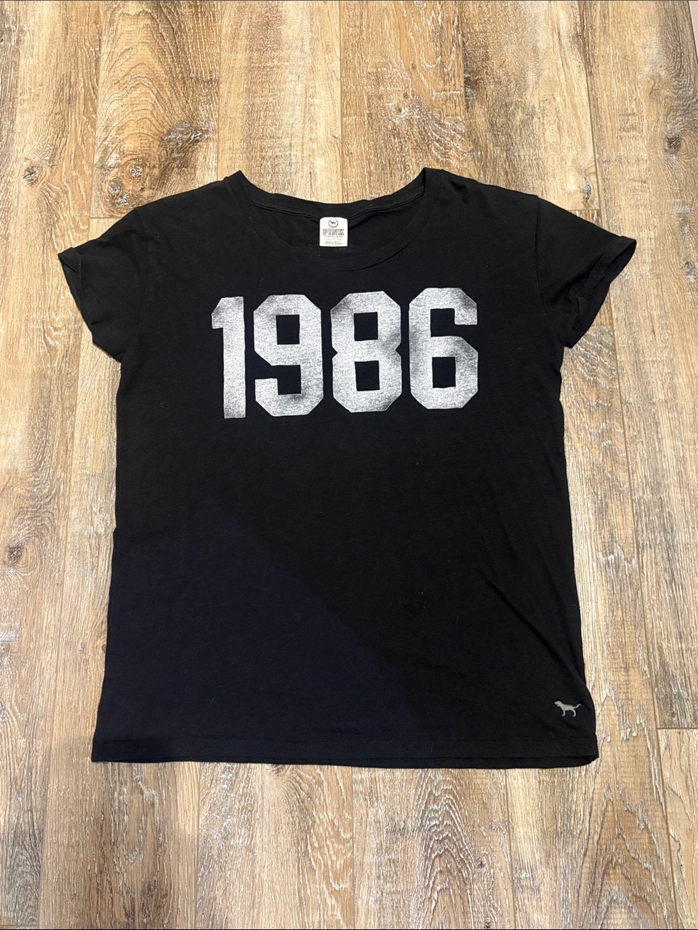 PINK Victoria's Secret Black Tee with Silver 1986 Graphic